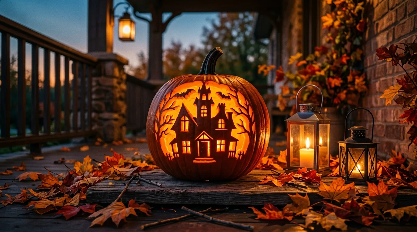 Use stacked pumpkins to create a taller glowing focal point inspiration for a Halloween porch display.